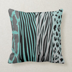 Black And Aqua Animal Printed Zebra Stripe Pillow