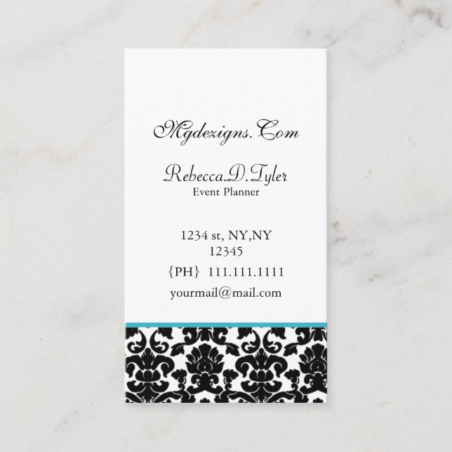 black and aqua damask Chic Business Cards (Front)
