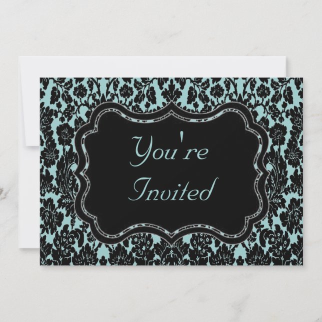 Black and Aqua Damask Invitation (Front)