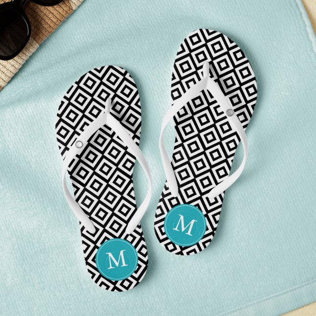 Black and Aqua Diamonds Monogrammed Flip Flops (Creator Uploaded)