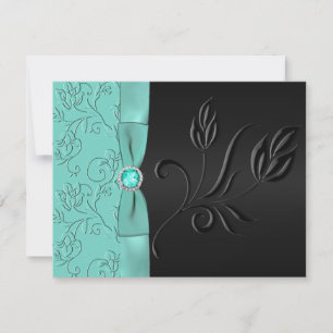 Black and Aqua FAUX Ribbon & Jewels RSVP Card