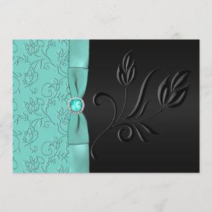 Black and Aqua Floral, Jewels Wedding Invitation