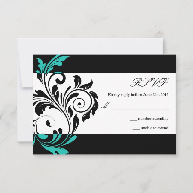 Black and Aqua Floral Swirl Wedding RSVP Card (Front)