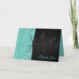 Black and Aqua Floral Thank You Card