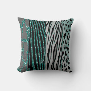 Black And Aqua Glitter Look Animal Printed Pillow