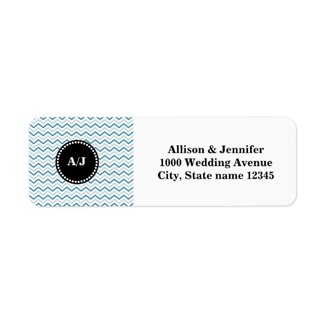 Black and Aqua Monogram Chevron Return Address (Front)