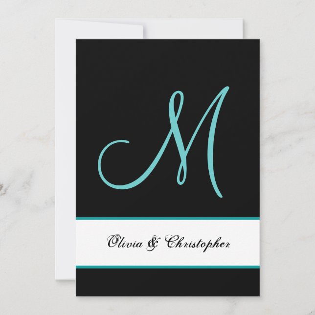 Black and Aqua Monogram Damask Wedding Invitation (Front)
