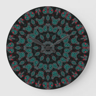 Black and Aqua Paisley Boho Pattern Large Clock