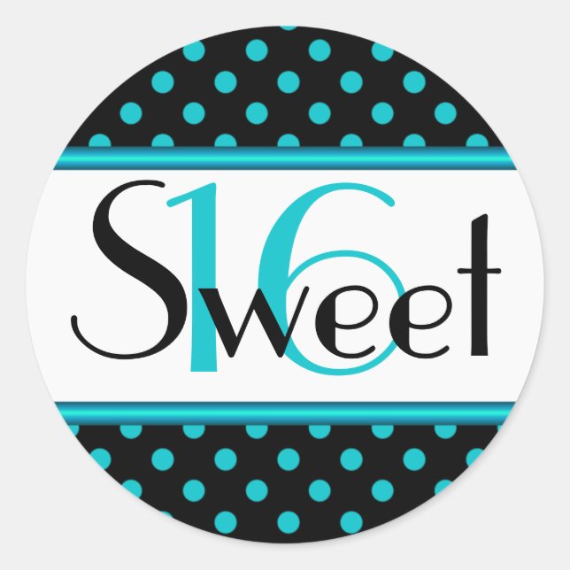 Black and Aqua Polka Dot Sweet 16 Sticker (Front)