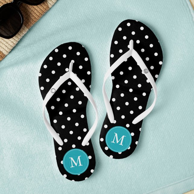 Black and Aqua Polka Dots Monogrammed Flip Flops (Creator Uploaded)