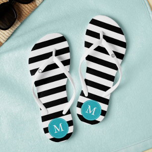 Black and Aqua Stripes Monogrammed Flip Flops