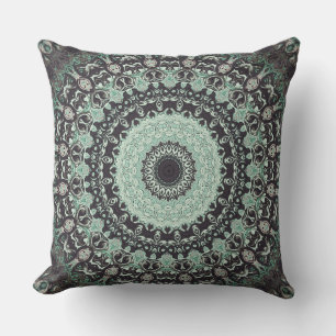 Black and Aquamarine Mandala Kaleidoscope Cushion