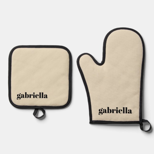 Black and Beige Bold Typography Personalised Name  Oven Mitt & Pot Holder Set (Front)