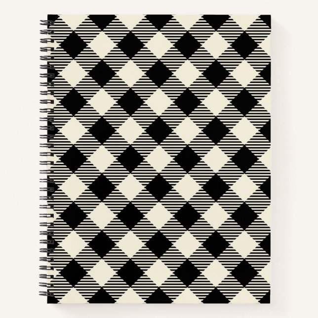 Black and Beige Diagonal Gingham Plaid Pattern Notebook (Front)
