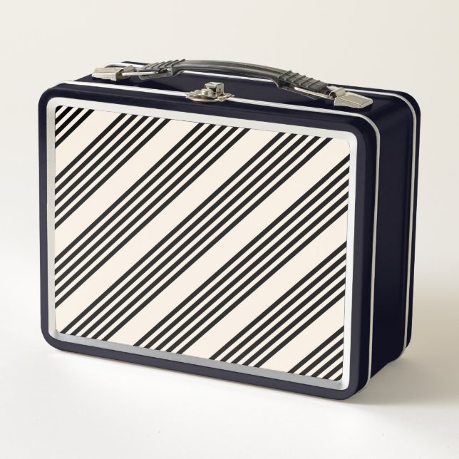 Black and beige five stripe pattern metal lunch box (Front)