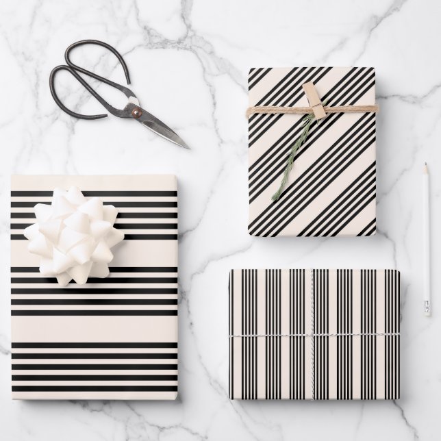 Black and beige five stripe pattern wrapping paper sheet (Front)