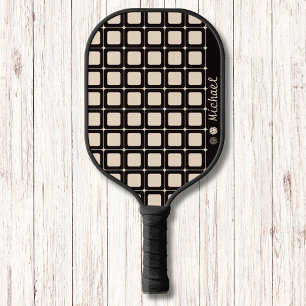 Black and Beige Geometric Pattern Modern Monogram Pickleball Paddle