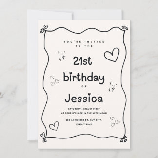 Black and Beige Heart Minimal Birthday Invite