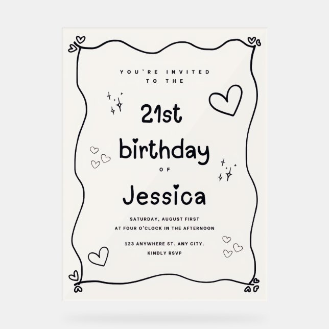 Black and Beige Heart Minimal Invitation Acrylic Sign (Front)