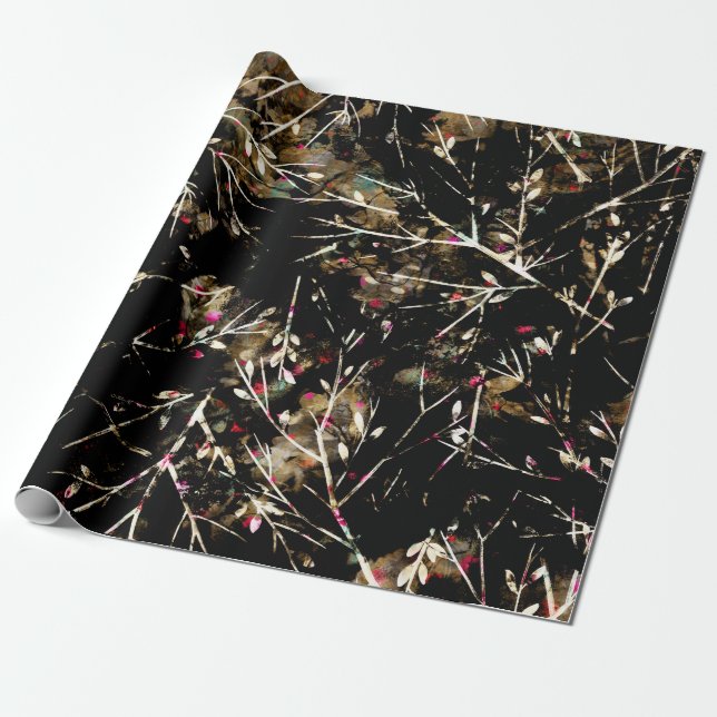 Black and Beige Neutral Boho Christmas Branches Wrapping Paper (Unrolled)