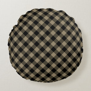 Black and Beige Round Pillow - Checked