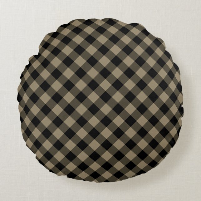 Black and Beige Round Pillow - Checked (Front)