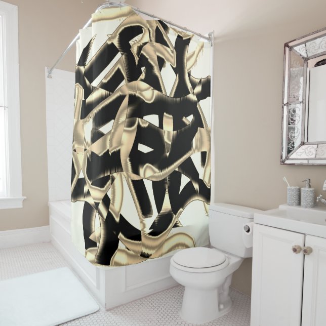 Black and beige scraps, destroyed tapes upon clear shower curtain (In Situ)