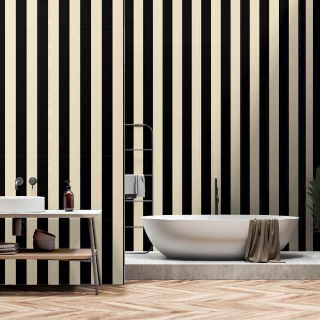 Black And Beige Ultra Wide 4 Inch Stripe Wallpaper (Bathroom)