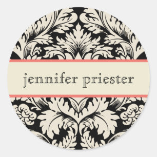 Black And Beige Vintage Floral Damasks 2 Classic Round Sticker
