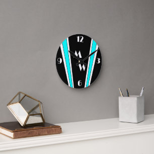 Black And Blue Art Deco Design Monogrammed Round Clock
