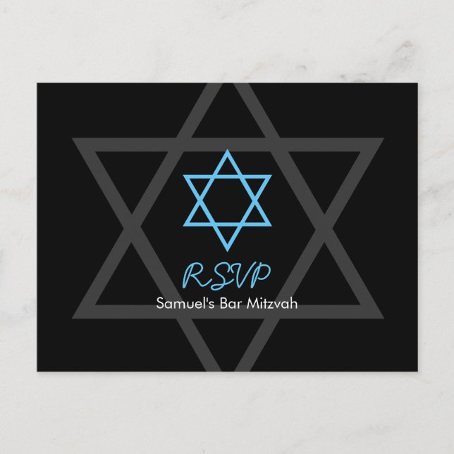 Black and Blue Bar Mitzvah RSVP Invitation Postcard (Front)