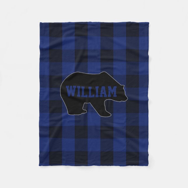 Black and Blue Buffalo Check Bear Monogram Fleece Blanket (Front)