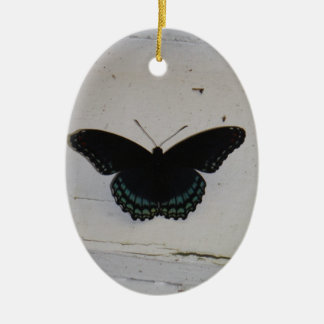 Black and Blue Butterfly on white washed wood Ceramic Tree Decoration