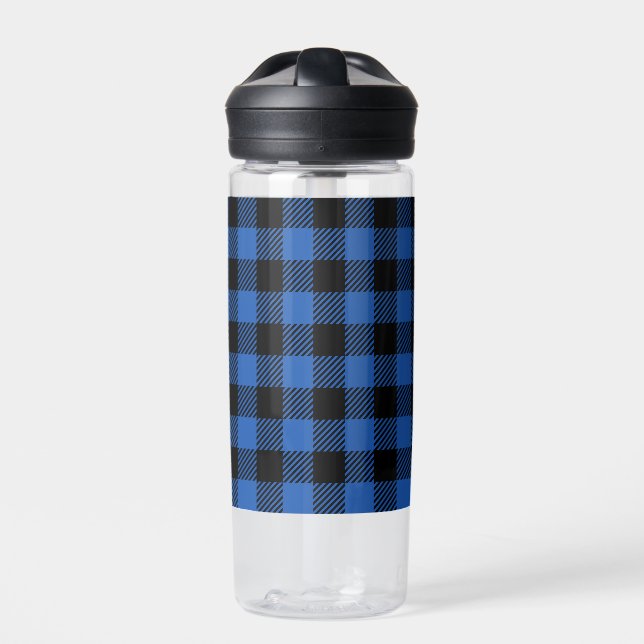 Black and Blue Chequered Buffalo Pattern Water Bottle (Front)