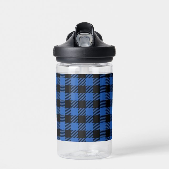 Black and Blue Chequered Buffalo Pattern Water Bottle (Front)