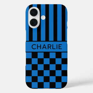 Black and Blue Chequered Striped Personalised iPhone 16 Case
