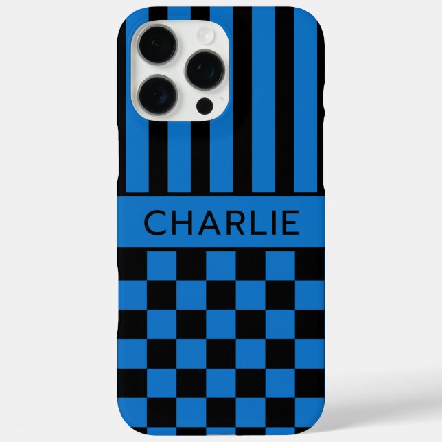 Black and Blue Chequered Striped Personalised Case-Mate iPhone Case (Back)