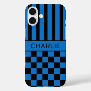 Black and Blue Chequered Striped Personalised iPhone 16 Plus Case