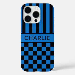 Black and Blue Chequered Striped Personalised iPhone 16 Pro Case