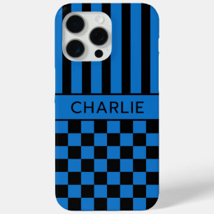Black and Blue Chequered Striped Personalised iPhone 15 Pro Max Case