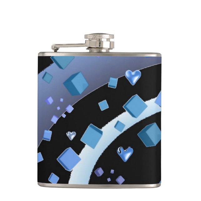 Black and Blue Cubes and Hearts Hip Flask (Front)