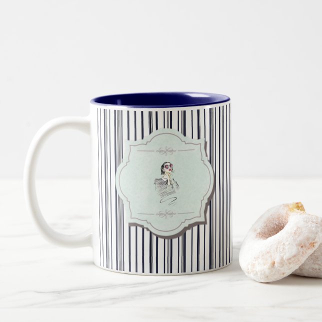 Black and Blue Cute Girly Beauty Stripe Two-Tone Coffee Mug (With Donut)
