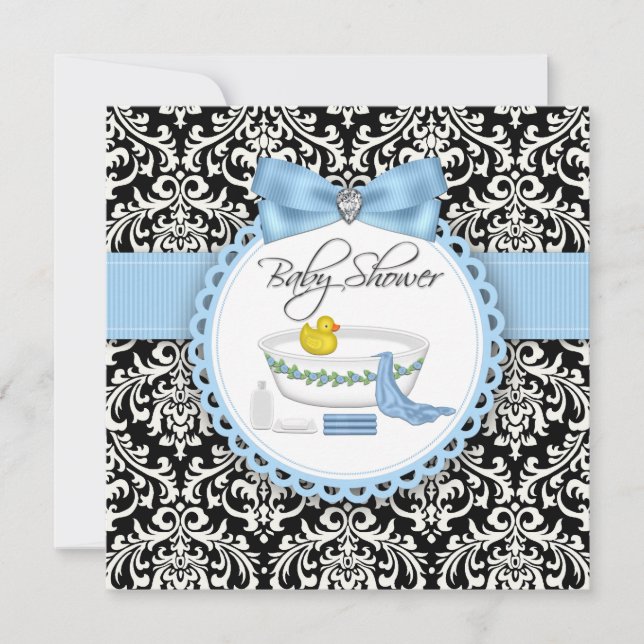 Black and Blue Damask Bath Time Baby Shower Invitation (Front)