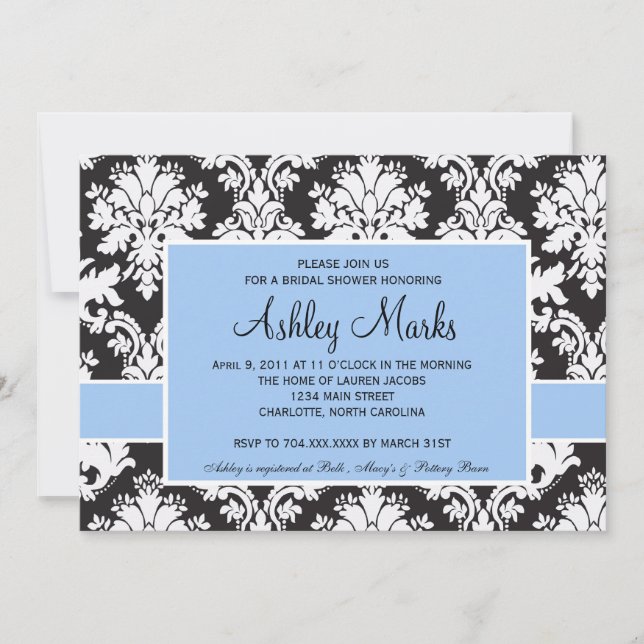Black and Blue Damask Invitation (Front)