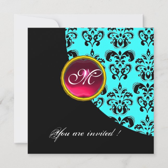 BLACK AND BLUE DAMASK MONOGRAM,red ruby,turquase Invitation (Front)