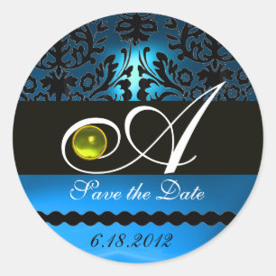 BLACK AND BLUE DAMASK MONOGRAM, Yellow Topaz Classic Round Sticker