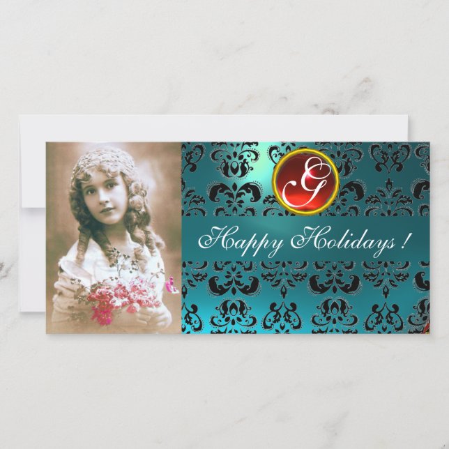 BLACK AND BLUE DAMASK Red Ruby Monogram Holiday Card (Front)