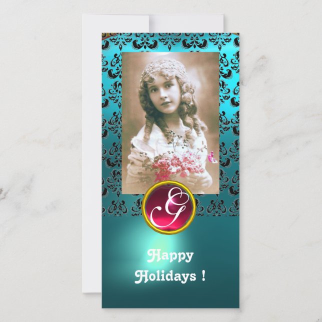 BLACK AND BLUE DAMASK Red Ruby Monogram Holiday Card (Front)