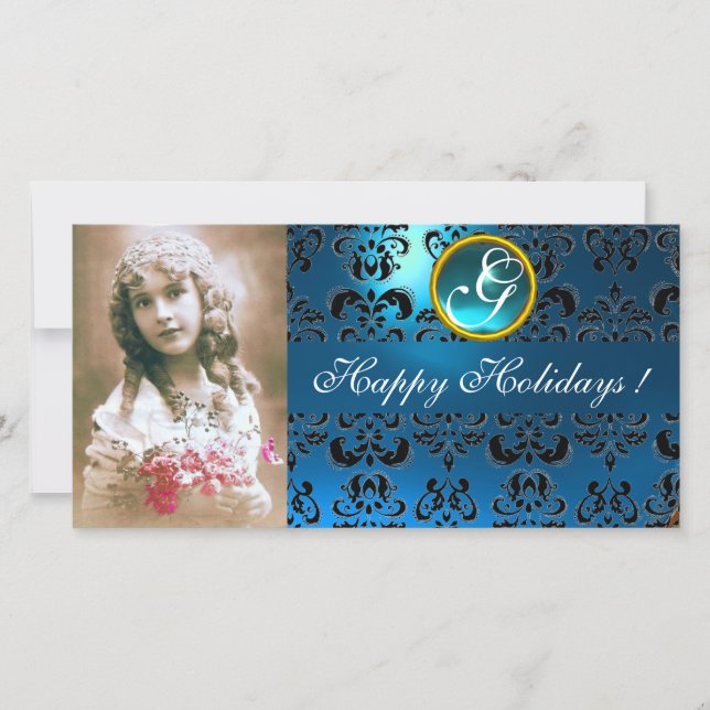 BLACK AND BLUE  DAMASK Sapphire Monogram Holiday Card (Front)