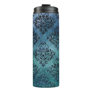 Black and Blue Damask Thermal Tumbler